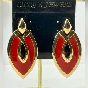 Vintage Lilly’s Red & Gold  Enamel Geometric Dangle Earrings